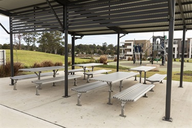 Shaded areas with benches and tables