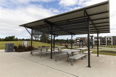 Shaded areas with tables and benches