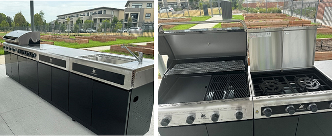 Outdoor kitchen with gas cooktop, grill, hotplate and sink.