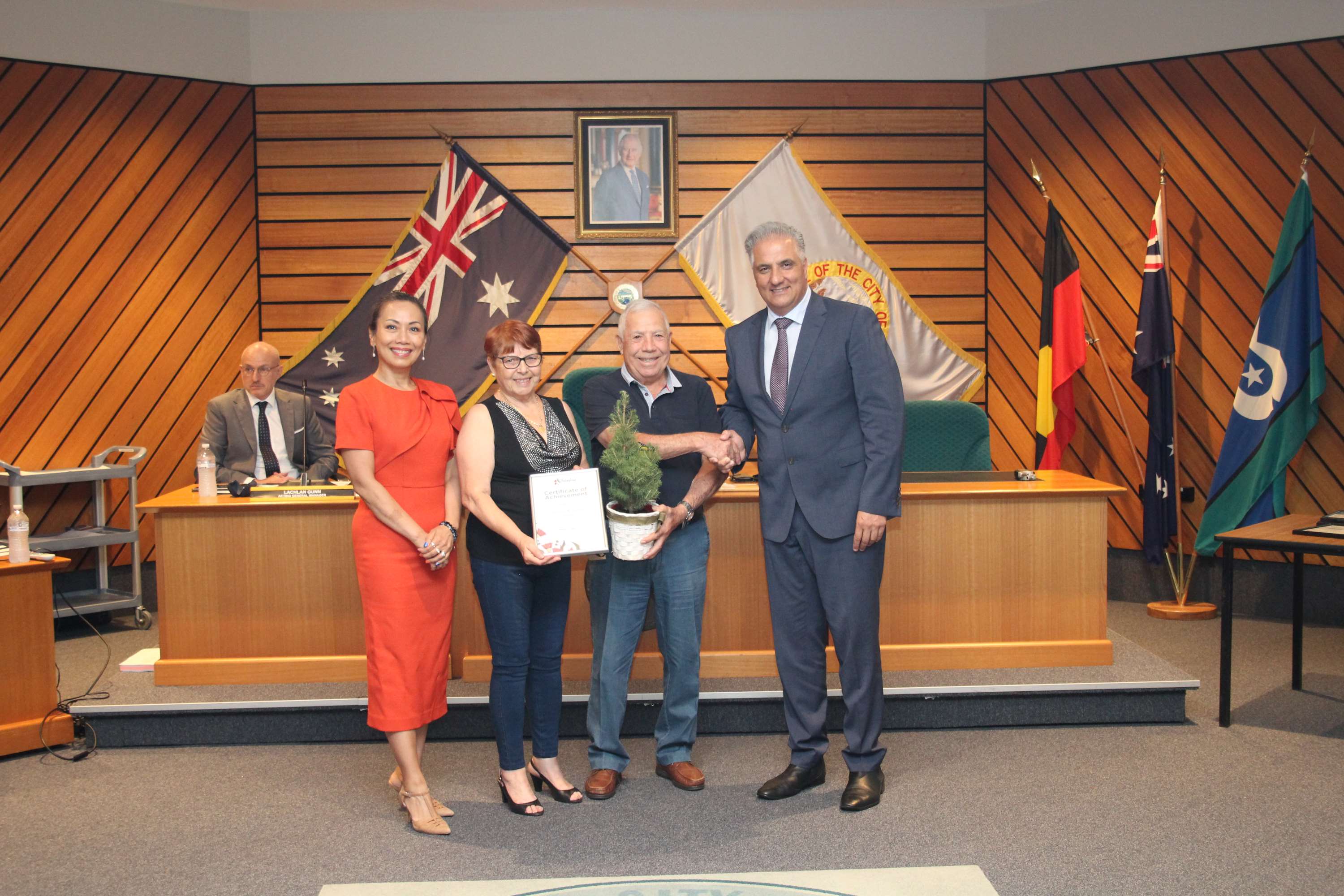 2024 Residential Garden of the Year Finalists, Antonio and Angela Catalano with Mayor Frank Carbone and Deputy Mayor Dai Le