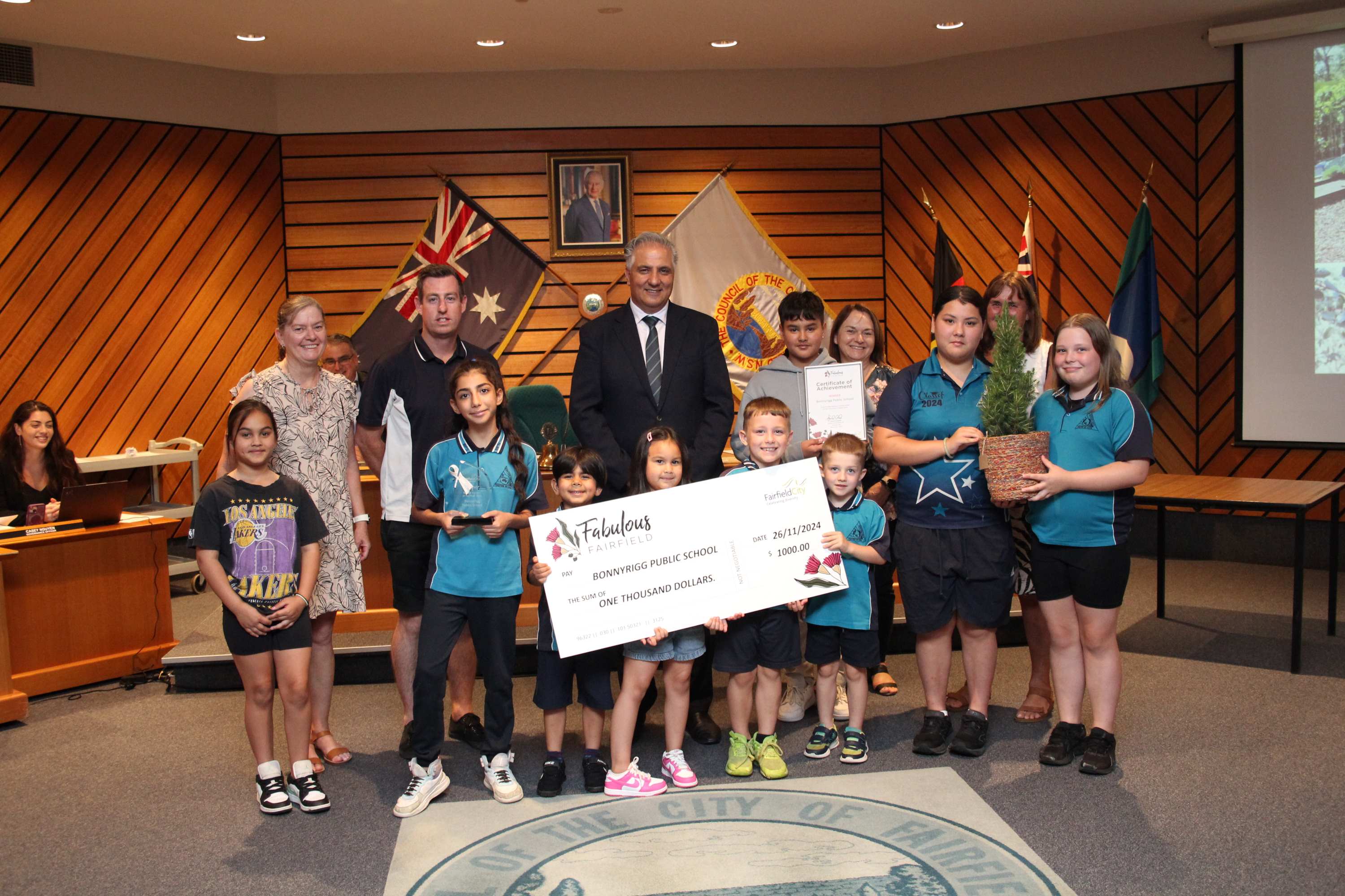 Group photo of the 2024 Annual School Garden Award winners Bonnyrigg Public School with Mayor Frank Carbone