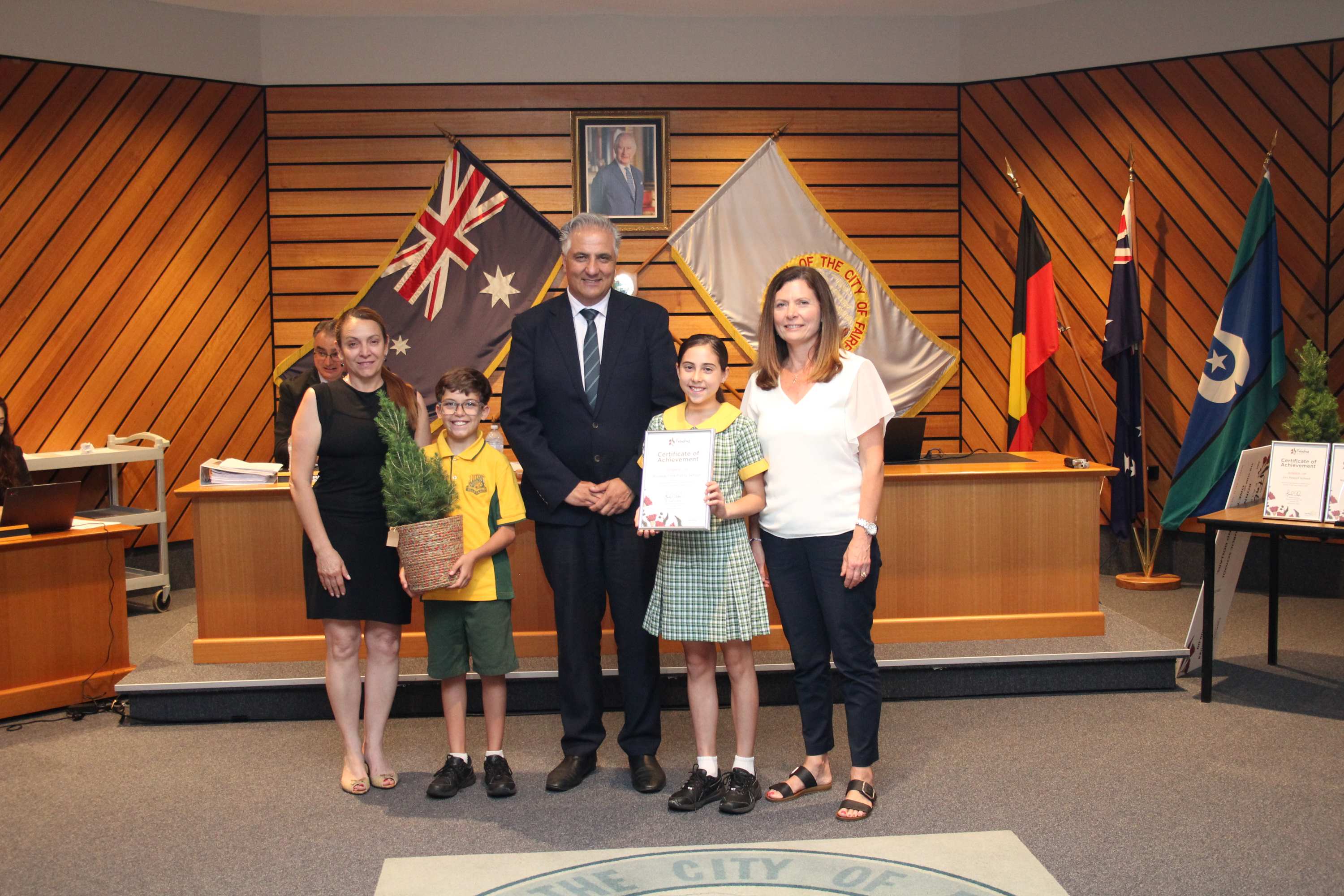 Group photo of the 2024 Annual School Garden Awards runner up Bossley Park Public School with Mayor Frank Carbone