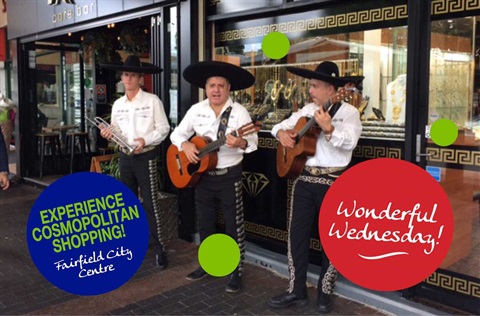 Photo of musical group 'Fiesta Viva' performing in the street in Fairfield City Centre