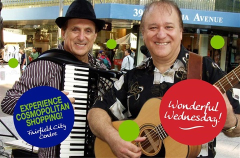 Photo of performers Ross Maio and James Zappier with their musical instruments