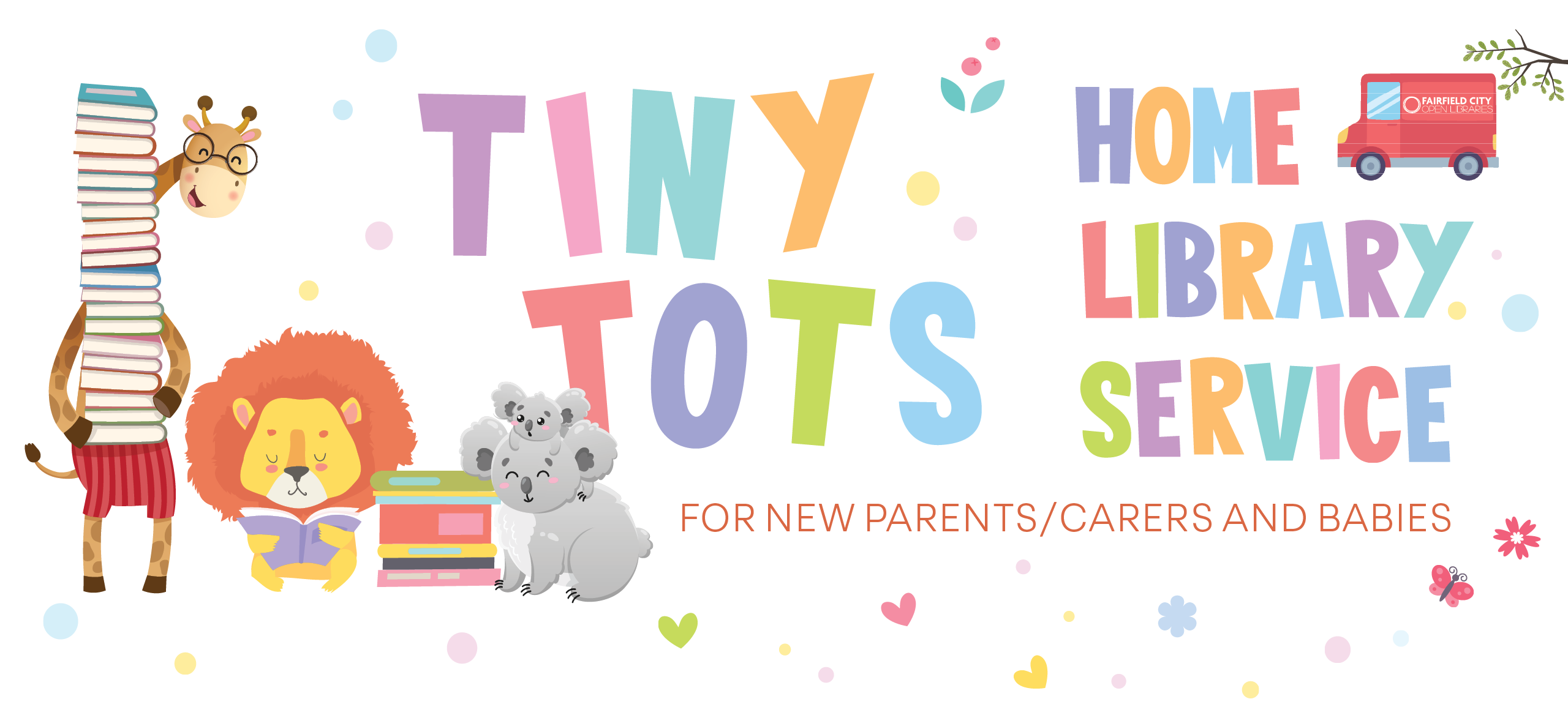 Tiny Tots Home Library Service banner with bright letters and koalas