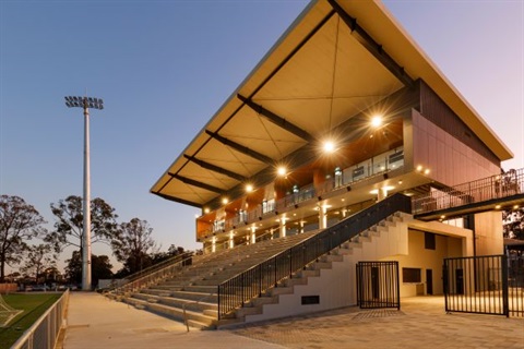 Showground pavilion at nighttime