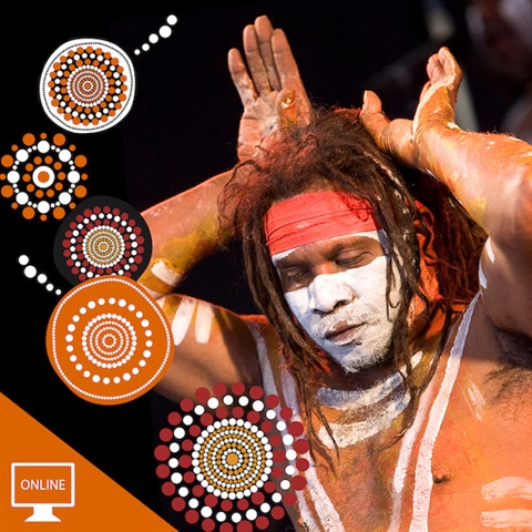 Aboriginal man with white ochre markings performing with his eyes closed