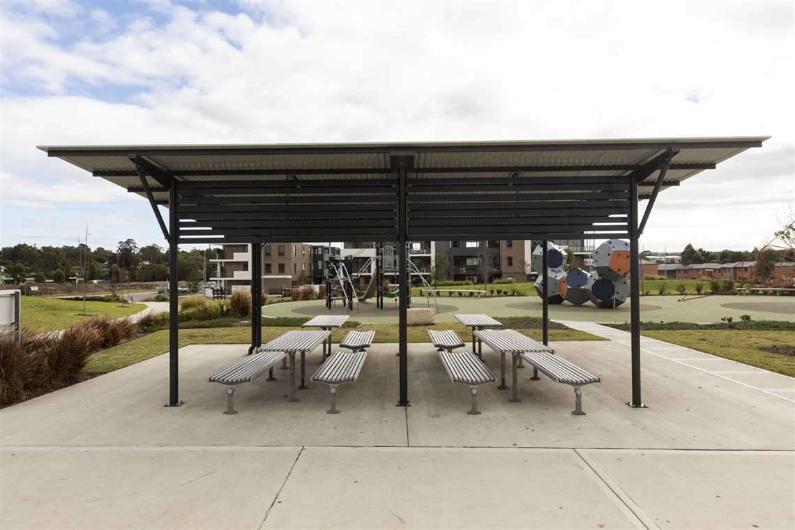 Shaded areas with tables and benches at Bunker Park 