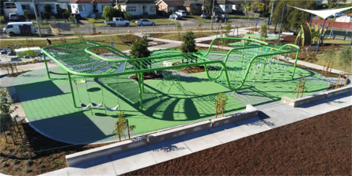 Aerial view of playground equipment at Koonoona Park in Villawood 