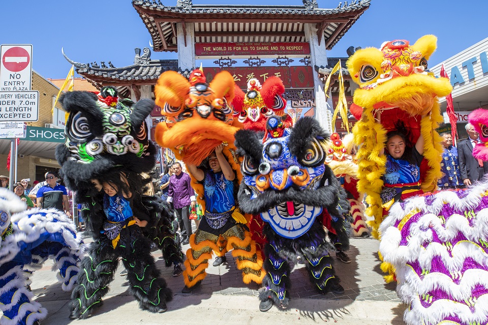 Lion dancing at Freedom Plaza for Cabramatta Lunar New Year 