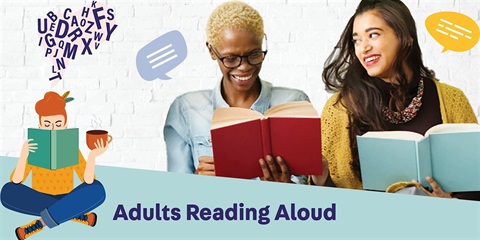 2 Adults laughing and holding books in front of them and read alound