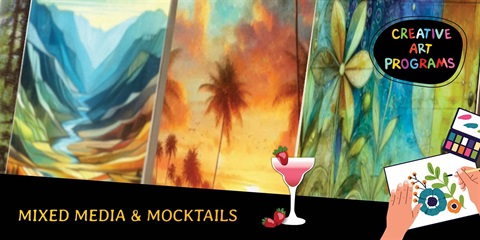 Illustration of some paintings and a cocktail.