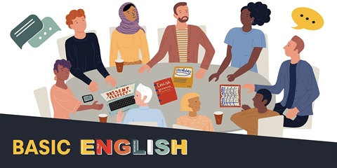 Illustration of a group of students discussing in a Basic English Class.