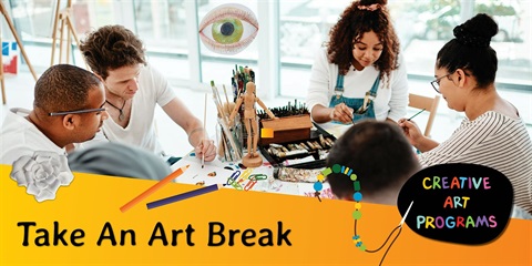 A group of 4 people are doing some activities at TAKE an ART BREAK session.